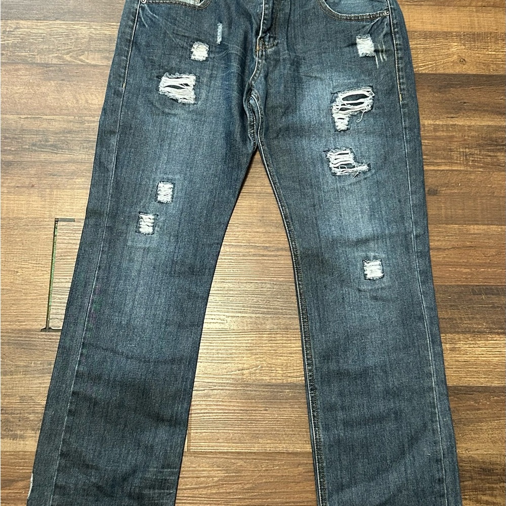 Rustic Blue Distressed Blue Jeans for Men 34x32 Slim Straight